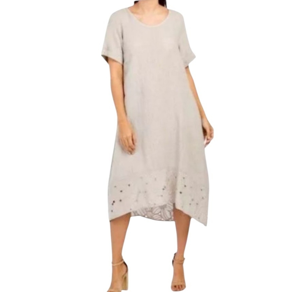 Lagenlook Rosemarine Tan Linen Flowy Dress Midi Embroidered Coastal Vacation